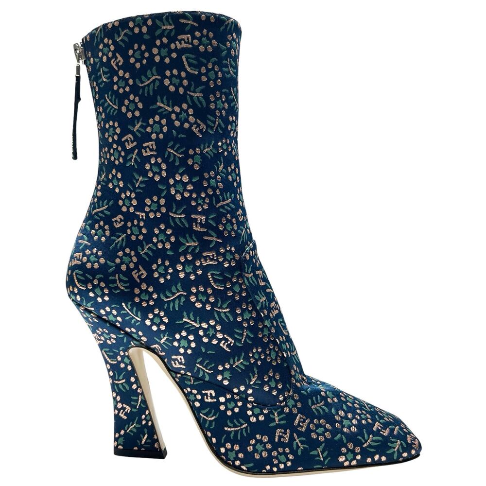 FENDI FFreedom 105mm Square Toe Ankle Boots EU 38 US 8 Floral Jacquard Navy Gold